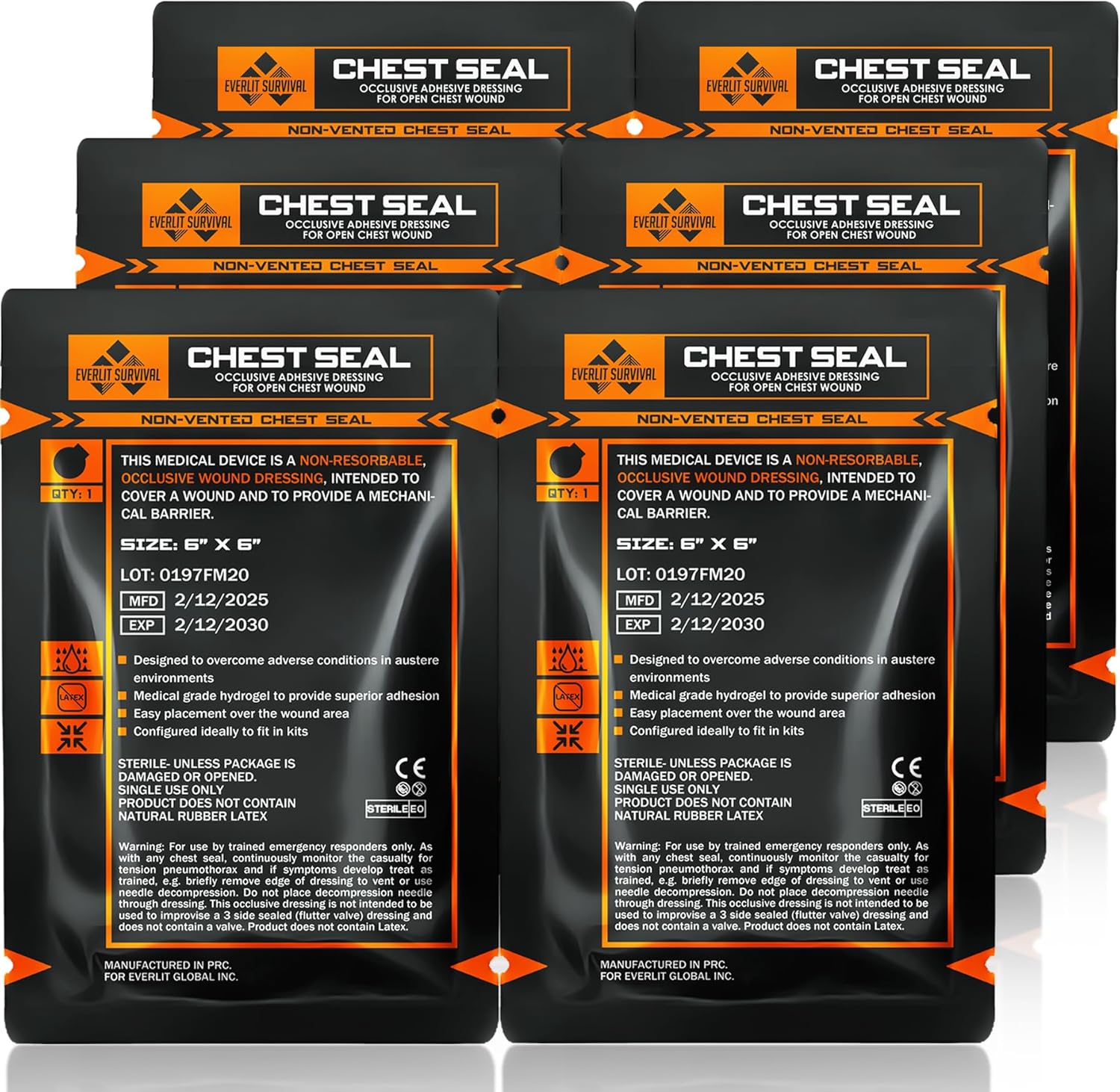 EVERLIT Occlusive Chest Seal Non-Vented Adhesive Dressing for Open Chest Injury and Sucking Chest Wound (6 Count)