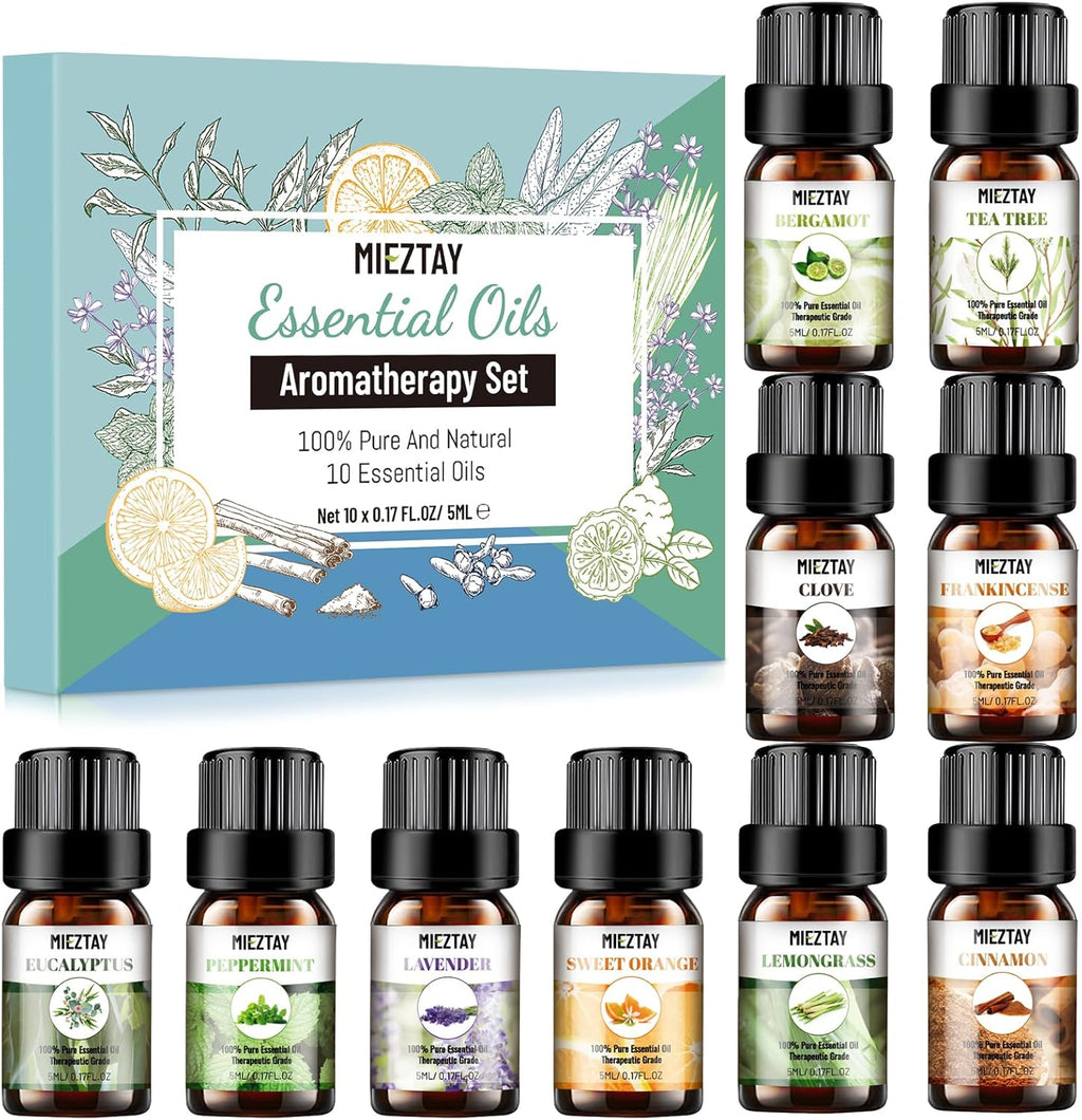 Essential Oils Set - 10x5ML Premium Essential Oil Kit for Candle Making, Diffusers, Massages, Aromatherapy, Skin Care - Lavender, Eucalyptus, Peppermint, Tea Tree, Sandalwood Aromatherapy Oils