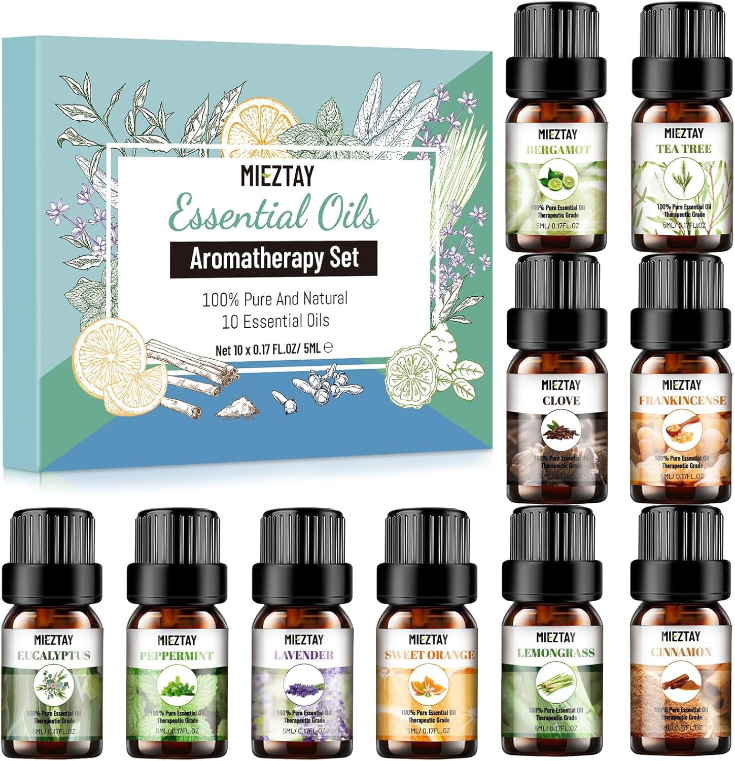 Essential Oils Set - 10x5ML Premium Essential Oil Kit for Candle Making, Diffusers, Massages, Aromatherapy, Skin Care - Lavender, Eucalyptus, Peppermint, Tea Tree, Sandalwood Aromatherapy Oils