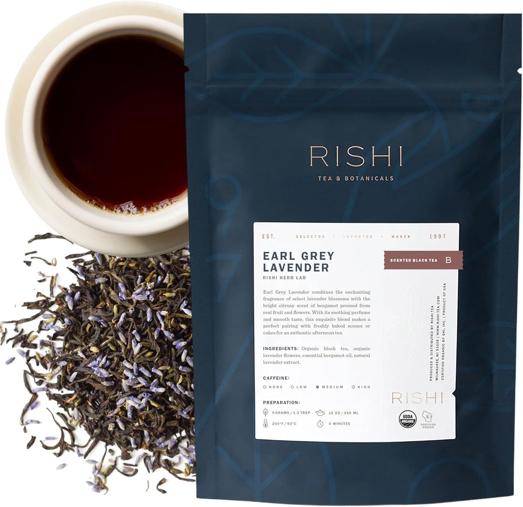 Rishi Tea Earl Grey Lavender Loose Leaf Pure Black Tea - Organic with Bergamot Oil and Lavender Flowers, Energizing & Caffeinated - 4 Ounces, 12+ Servings