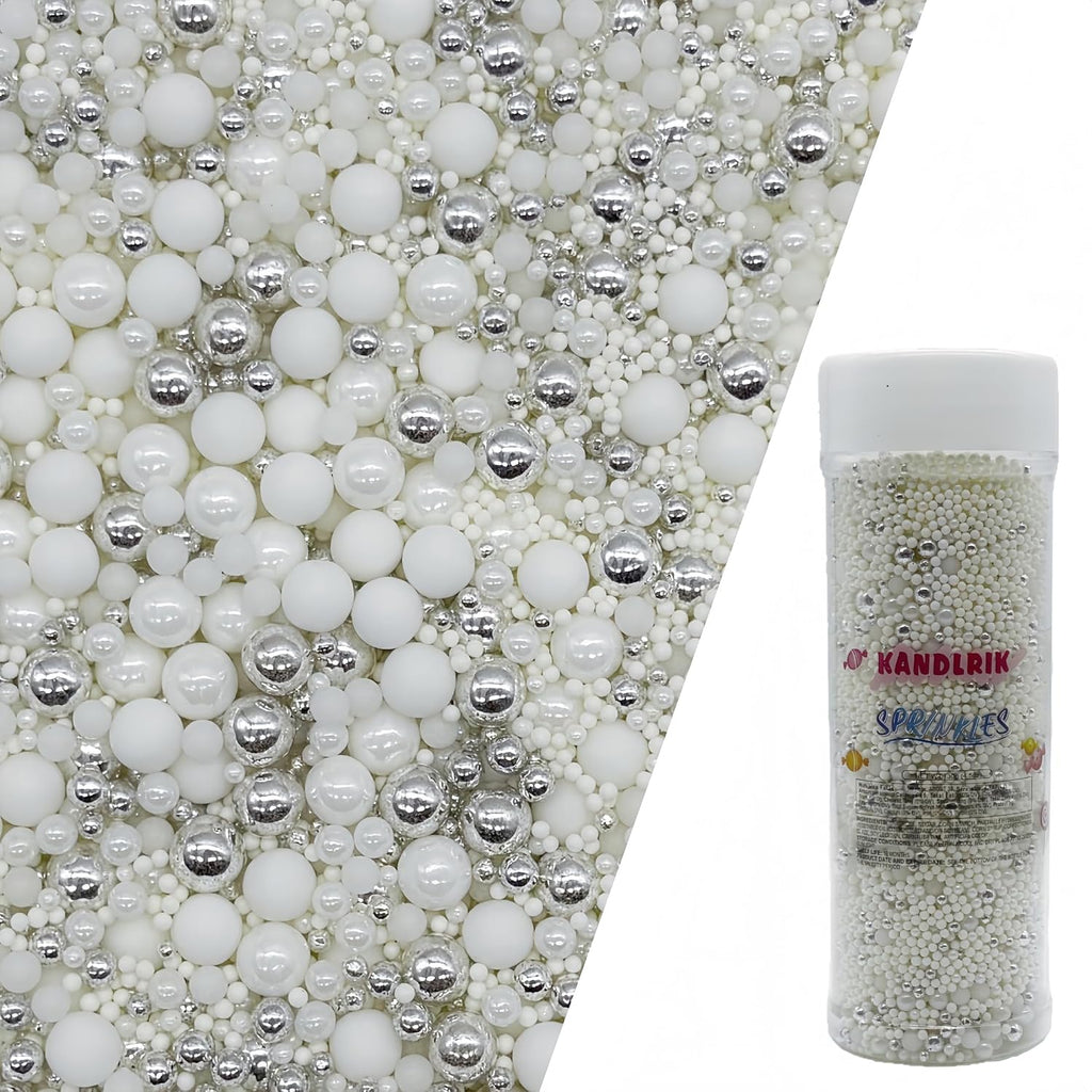Edible White & Silver Sugar Pearls Sprinkles Candy Mix Size Pearls Cake Decorations Cupcake Toppers Decorating Perfect for Wedding Party Valentine Supplies 4.58OZ
