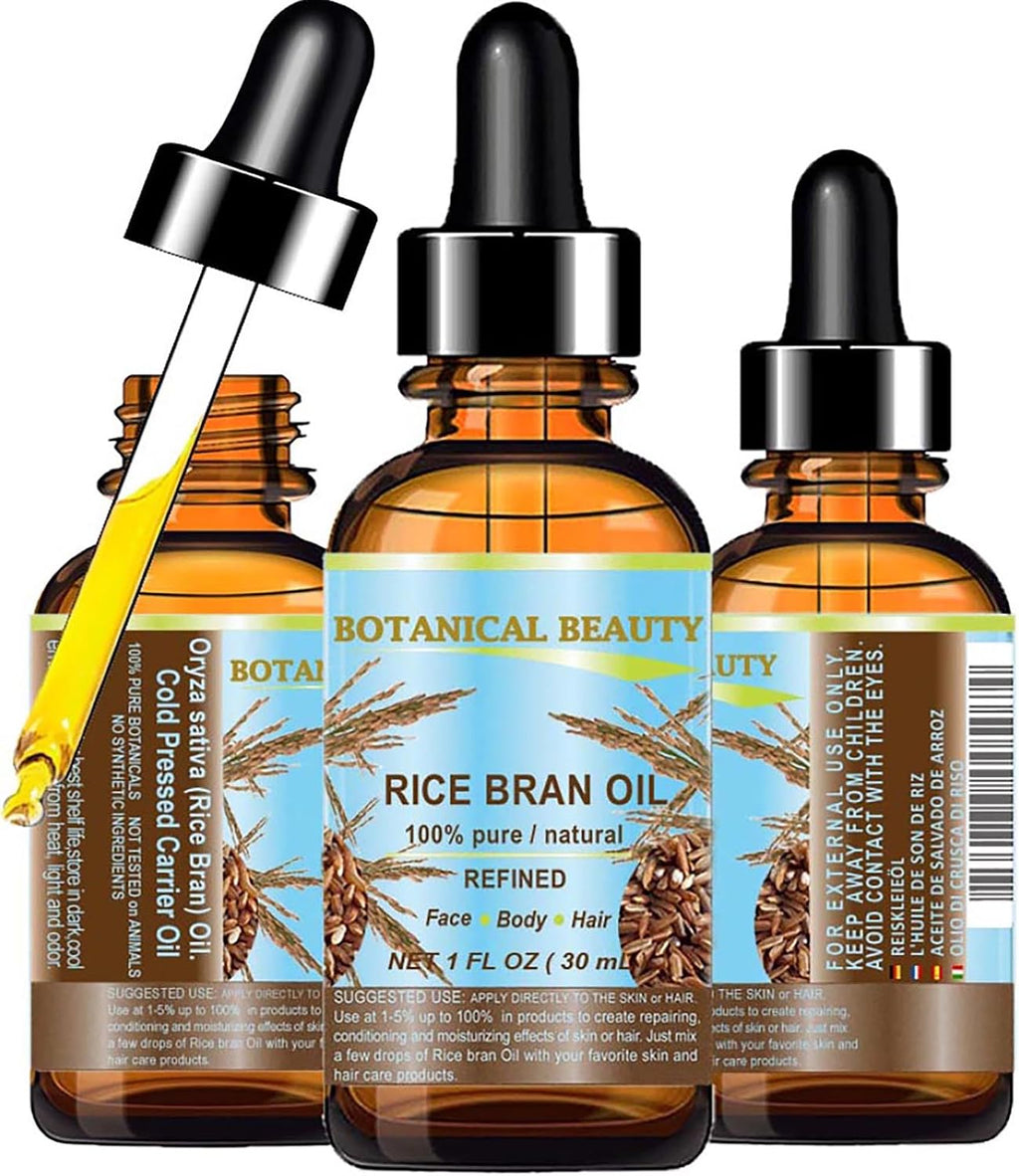Botanical Beauty RICE BRAN OIL 100% Pure Natural Refined Undiluted Cold Pressed Carrier Oil for Face, Skin, Body, Hair, Massage, Nails. (1 Fl Oz)