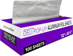 Pre-cut Deli Aluminum Foil Sheets,100 Count 12x10” Heavy Duty Pop Up Foil Sheets for Restaurants, Disposable Foil Sheets for Food, Tin Foil Sheets for Burrito, Hot Dogs, or Sandwich