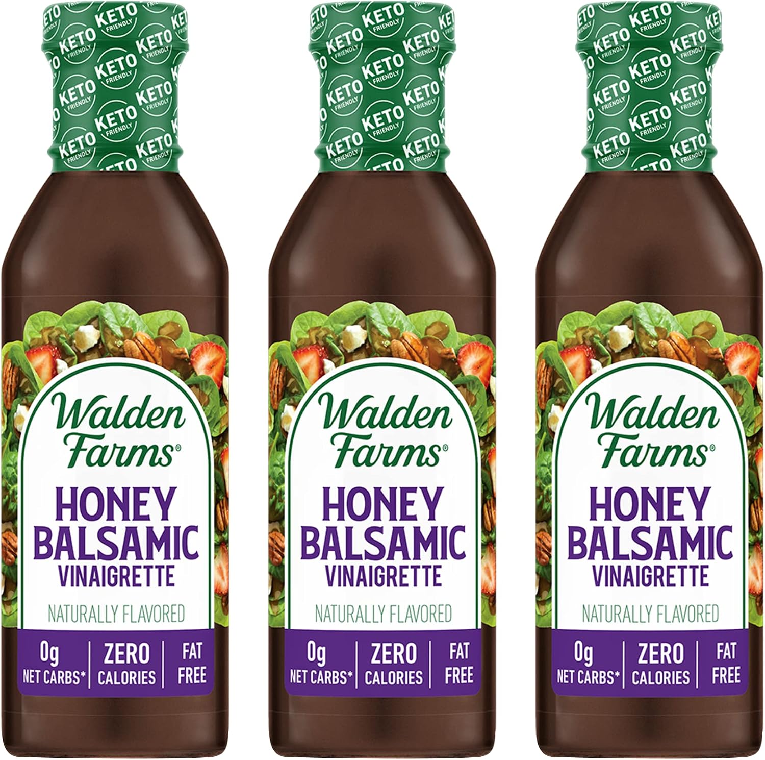 Walden Farms Honey Balsamic Vinaigrette Dressing 12 Oz. Bottle (Pack of 3) - Fresh & Delicious Salad Topping, 0g Net Carbs Condiment, Kosher Certified - Great on Salads, Drizzled on Fruits, and More