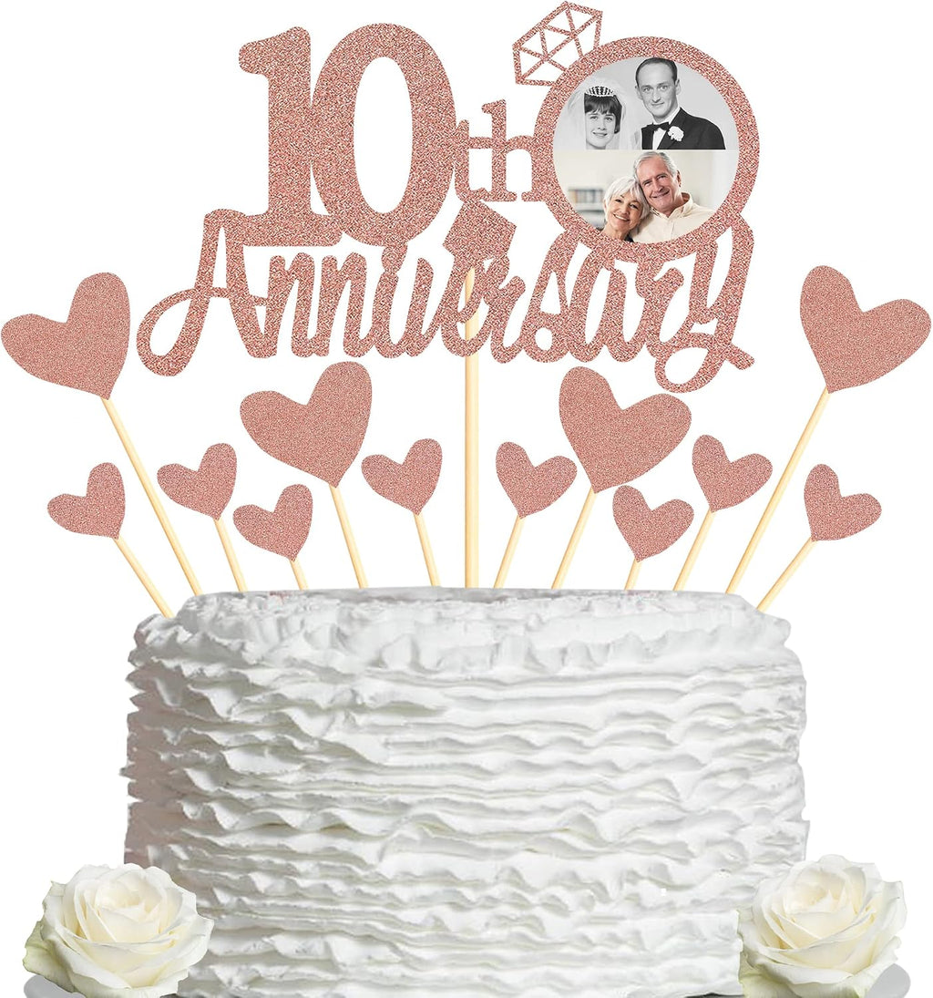 Sumerk 10th Anniversary Cake Topper,13PCS Rose Gold Glitter Cake Toppers Cake Decorations Set for 10th Wedding Anniversary Celebration Party