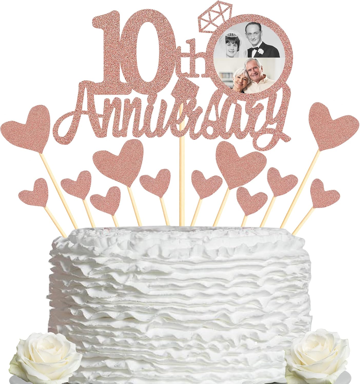 Sumerk 10th Anniversary Cake Topper,13PCS Rose Gold Glitter Cake Toppers Cake Decorations Set for 10th Wedding Anniversary Celebration Party