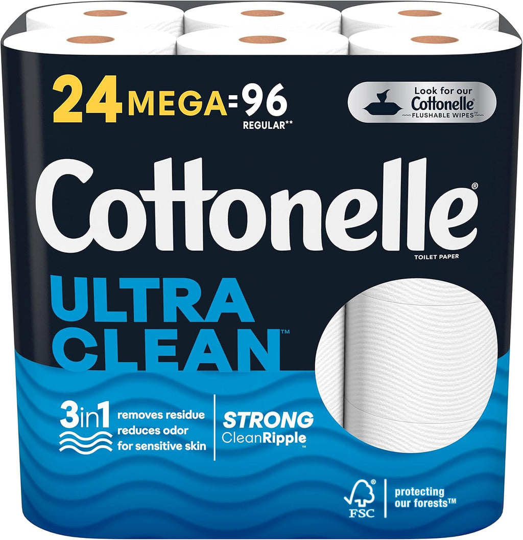 Cottonelle Ultra Clean Mega Bathroom Tissue, White, 312 Sheets Per Roll, Pack Of 24 Rolls