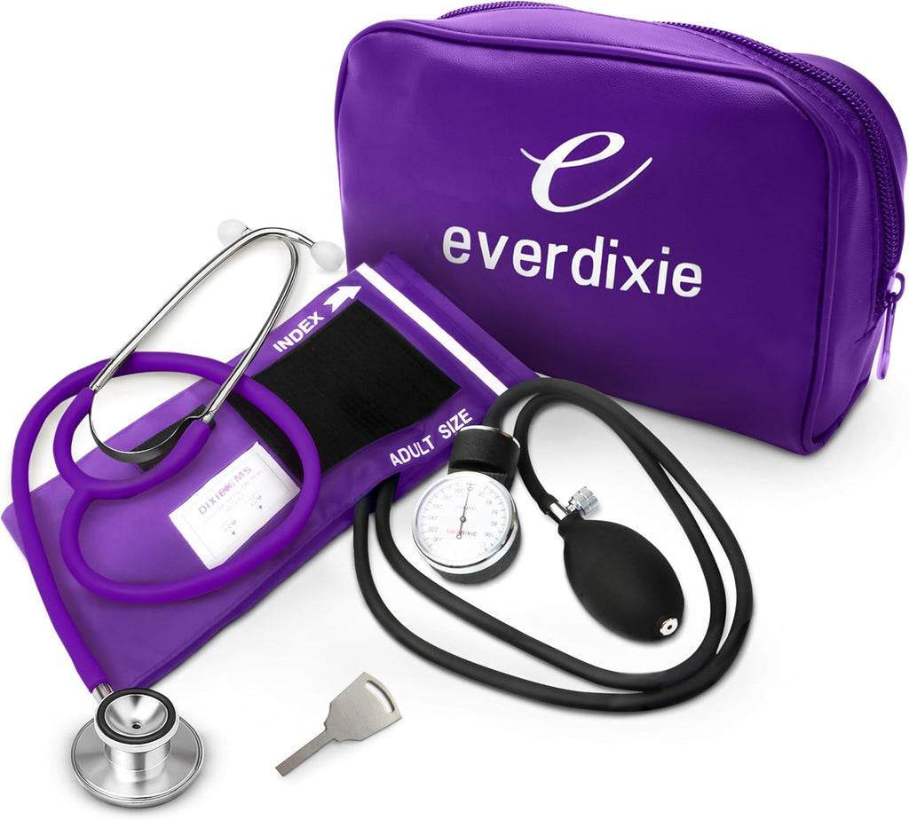 Dixie EMS Aneroid Sphygmomanometer and Dual Head Stethoscope Set with Adult Size Blood Pressure Cuff, Calibration Key and Carrying Case – Purple