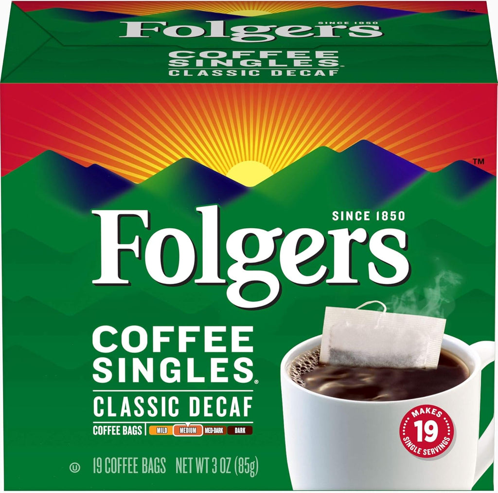Folgers Coffee Singles Classic Decaf Medium Roast Coffee, 19 Single Serve Coffee Bags