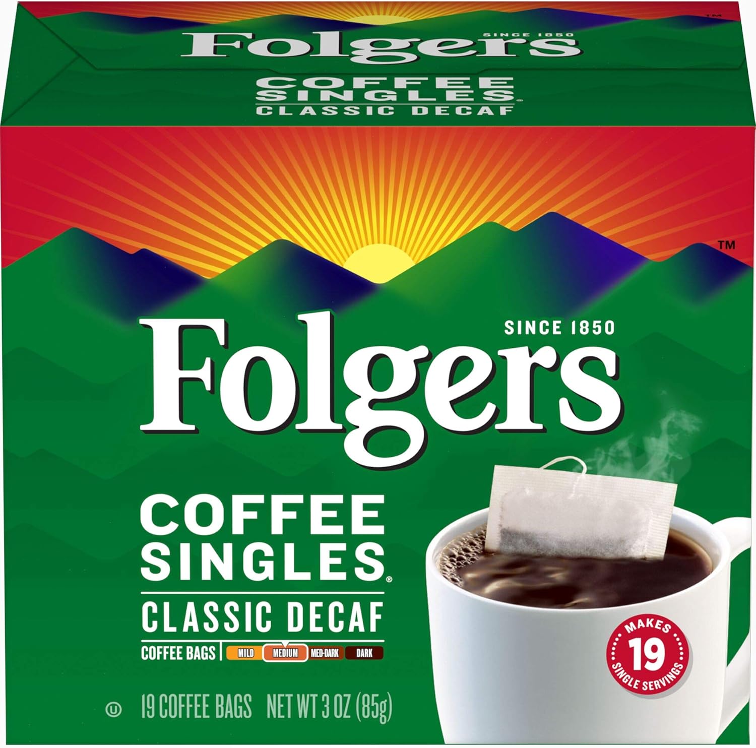 Folgers Coffee Singles Classic Decaf Medium Roast Coffee, 19 Single Serve Coffee Bags