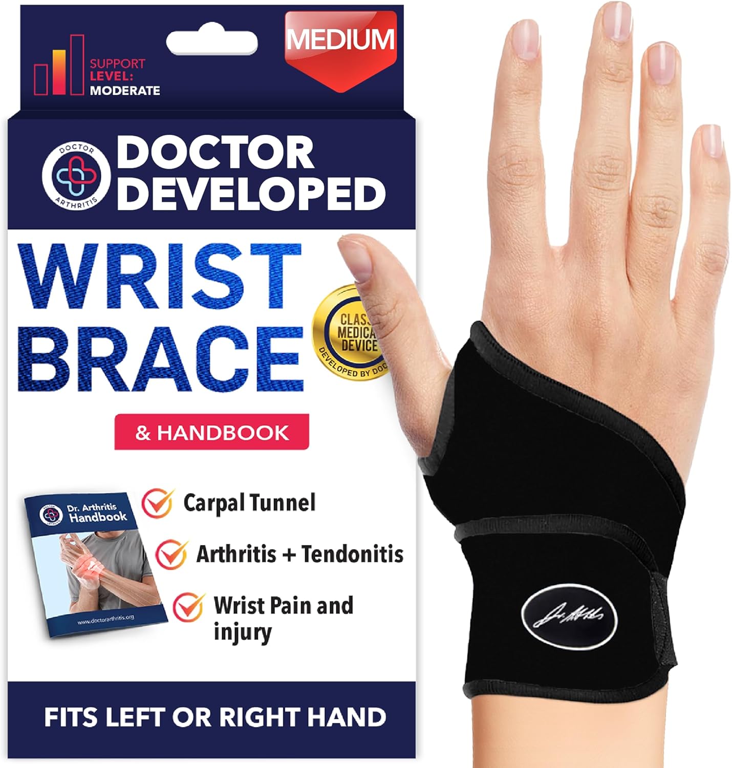 Doctor Developed Wrist Brace, Wrist Wraps for Carpal Tunnel Arthritis, Tendonitis, Hand Support, Ideal for Fitness, Weightlifting - Handbook Included (Wrist Brace 1 Pack)