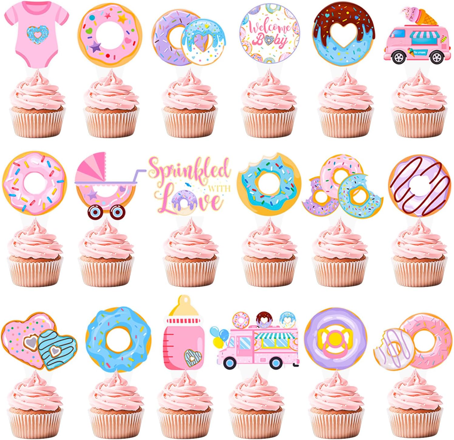 Donut Sprinkle Cupcake Toppers 48PCS Sprinkled with Love Baby Shower Decorations Donut Cupcake Picks Donut Theme Party Cake Decorations for Welcome Baby Party Supplies