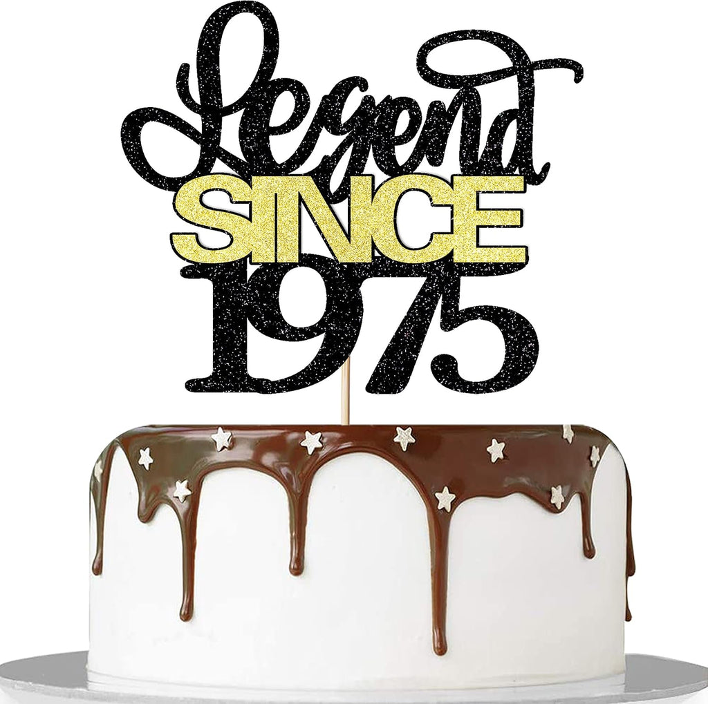 Legend since 1975 cake topper, men and women cheer 51 years old happy birthday cake topper black gold glitter cake decoration supplies (1975, black gold)