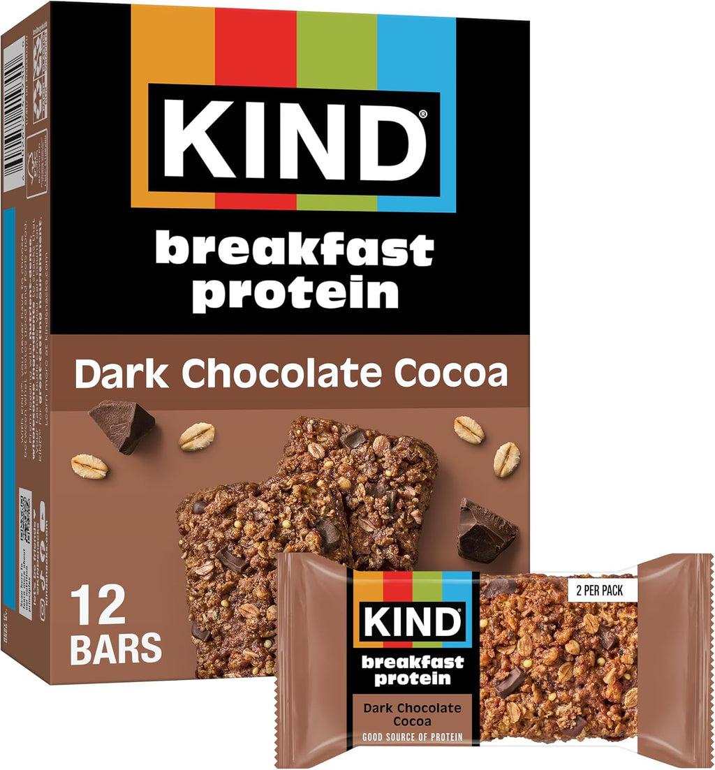 KIND Breakfast Protein Bars, Dark Chocolate Cocoa, Gluten Free, Low Sodium, Healthy Snacks, 8g Protein, 6 Count (6 Packs of 2 Bars)