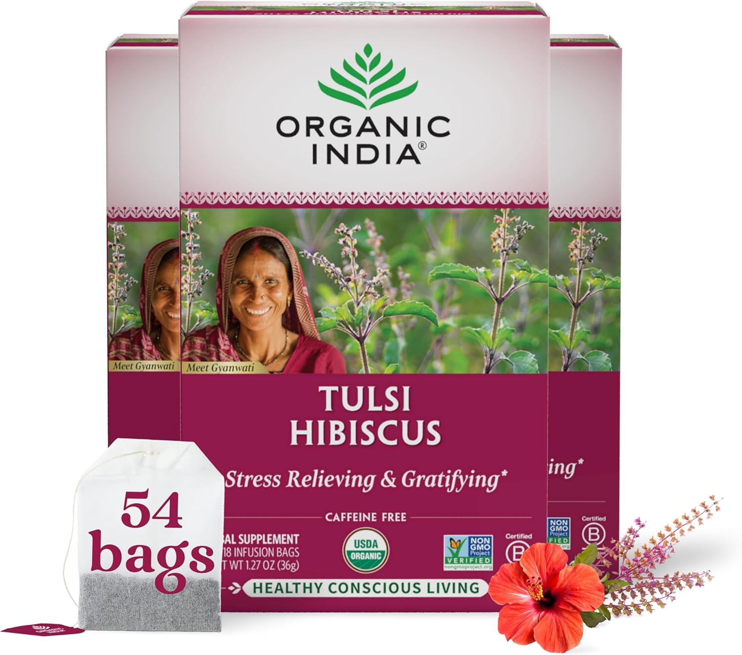 ORGANIC INDIA Tulsi Hibiscus Tea Bags - Holy Basil Herbal Tea, Stress Relieving, Calming, Immune Support, USDA Organic, Caffeine Free -18 Bags, 3 Pack