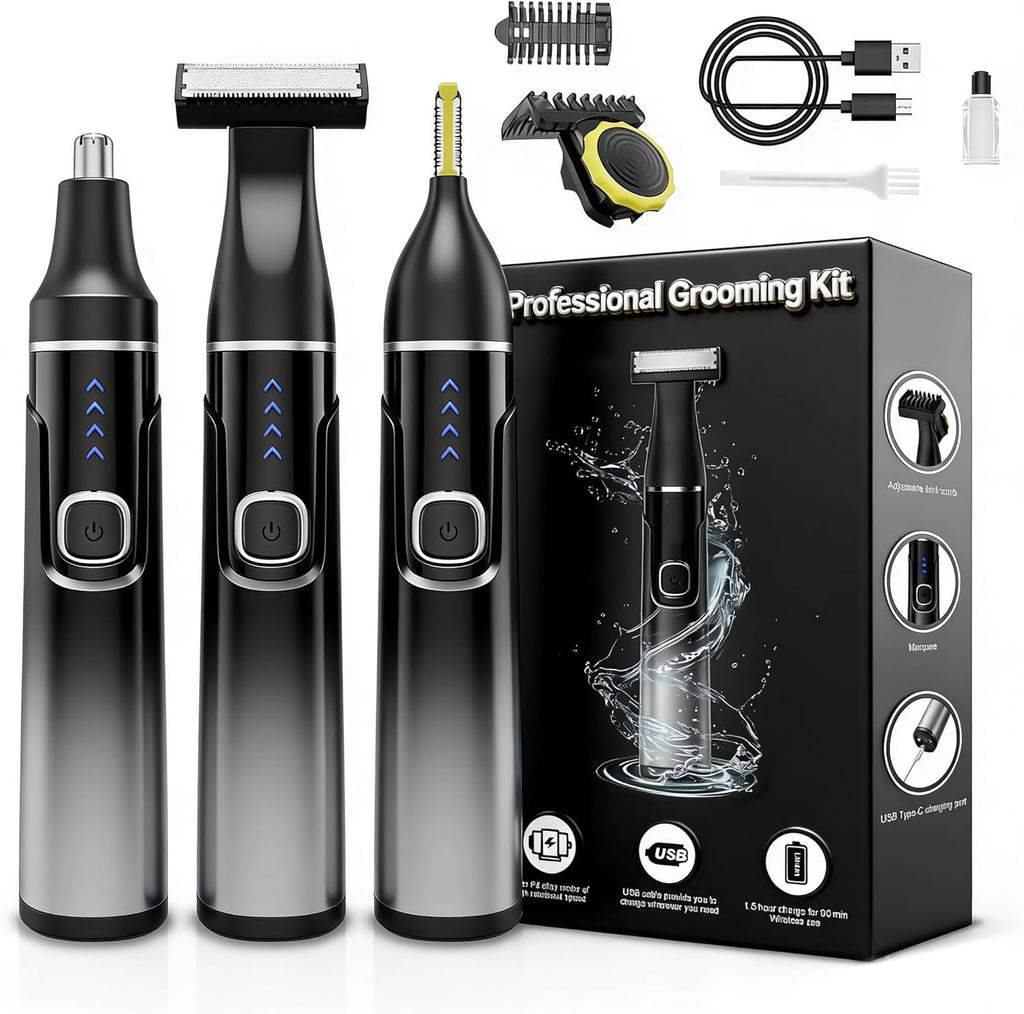 RUIM Men's 3-in-1 Body Groomer – Waterproof Electric Shaver for Groin & Sensitive Areas | Painless Wet/Dry Use with Nose, Ear & Eyebrow Trimmer