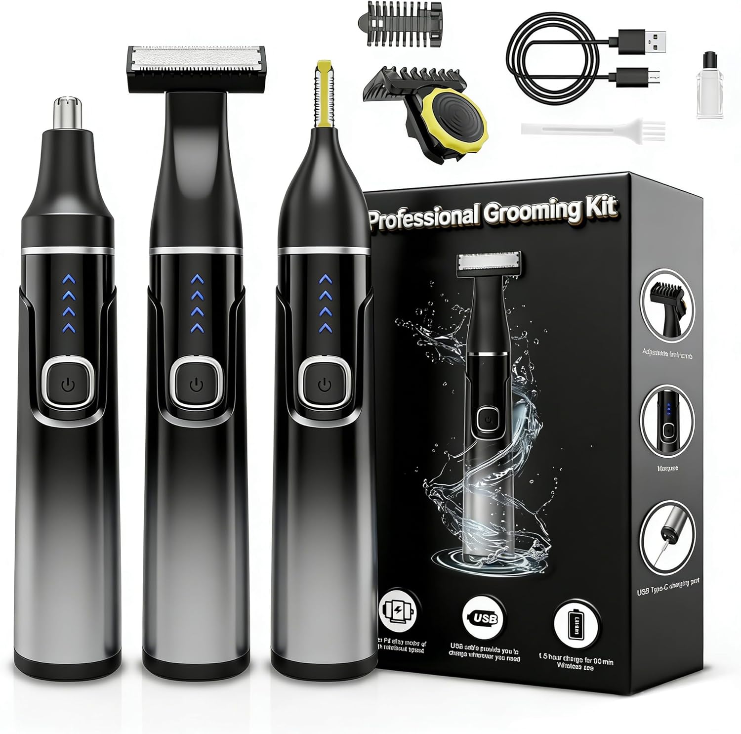 RUIM Men's 3-in-1 Body Groomer – Waterproof Electric Shaver for Groin & Sensitive Areas | Painless Wet/Dry Use with Nose, Ear & Eyebrow Trimmer
