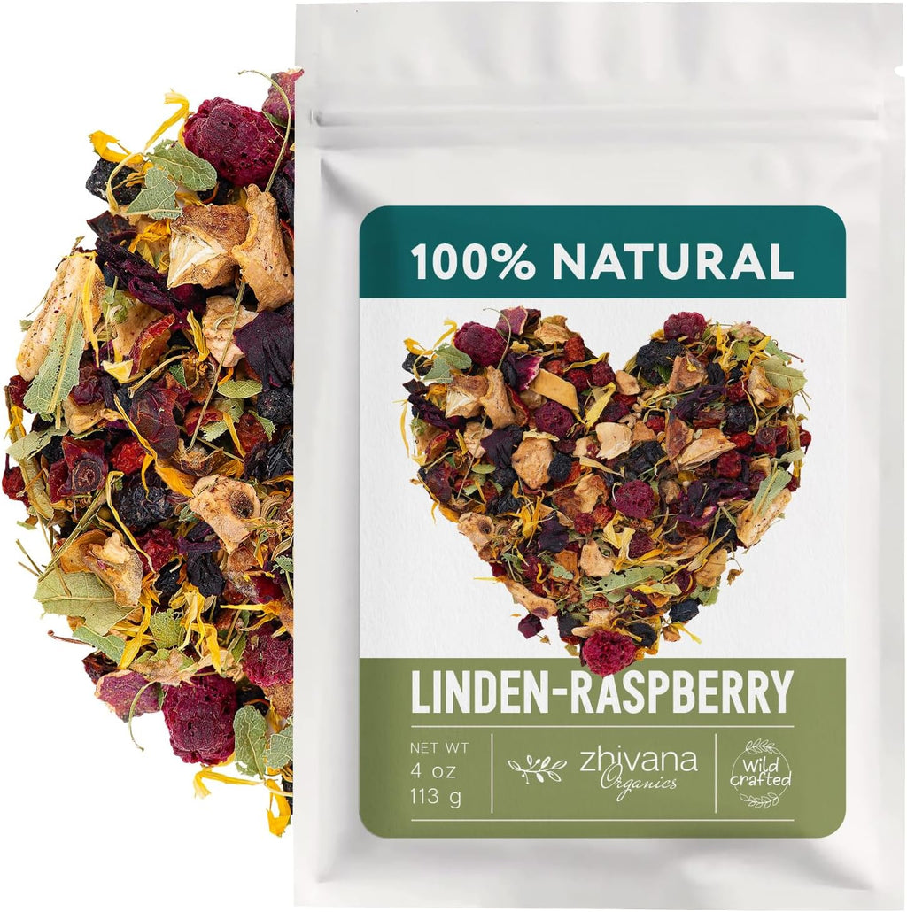 Linden & Raspberry Herbal Tea Loose Leaf – Fruity Tea with Raspberry Leaf & Fruit, Lemon Balm & Elderflower – No Caffeine – Naturally Calming Herbal Teas – 4oz.