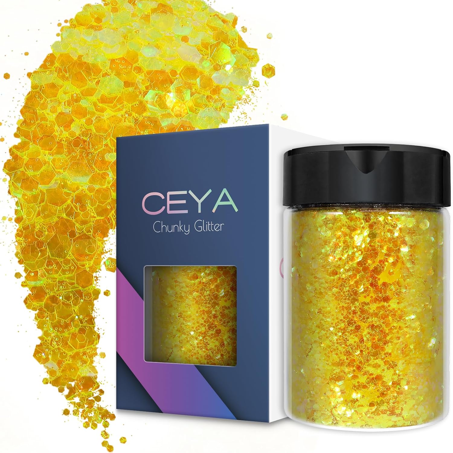 Ceya Chunky Glitter, 4.9oz/ 140g Lemon Yellow Craft Glitter Powder Mixed Fine Flakes Iridescent Nail Sequins for Nail Art, Hair, Epoxy Resin, Tumblers, Slime, Painting, Festival Decor
