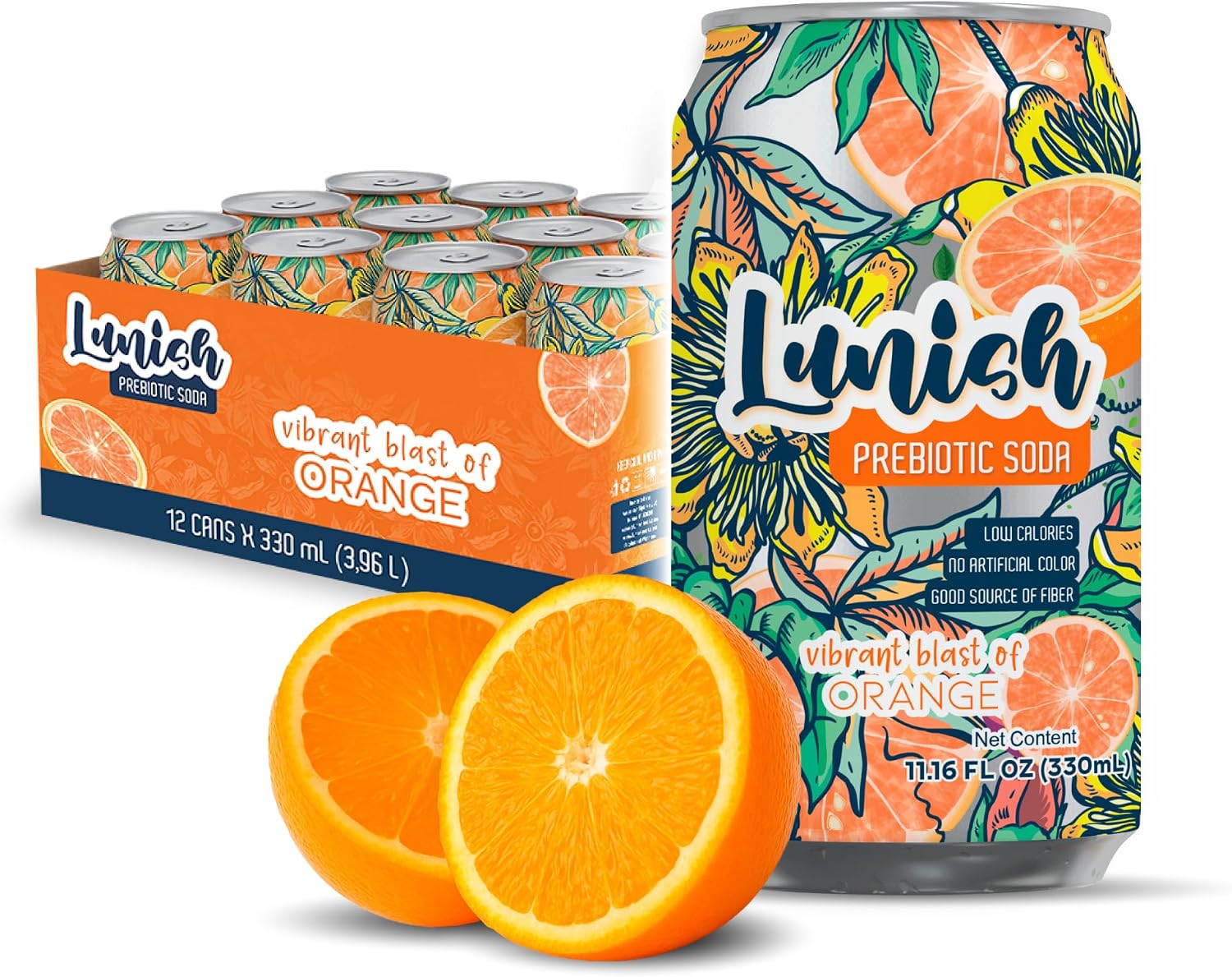 Lunish Prebiotic Soda Orange, Light & Refreshing Low Sugar Soda with 4g Prebiotic Fiber, Apple Cider Vinegar, 20 Calories, 12 Pack