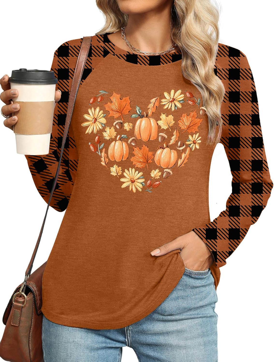 Halloween Shirts Women: Pumpkin T-Shirt Funny Pumpkin Graphic Tee Fall Plaid Long Sleeve Autumn Tops