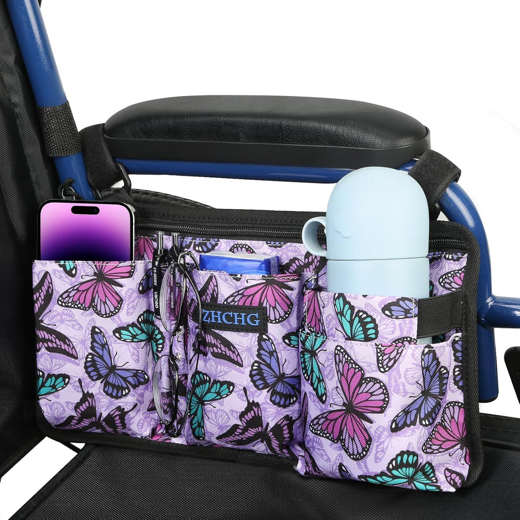Wheelchair Side Bag with Cup Holder, Wheelchair Armrest Pouch Accessories for Walker, Rollator, Electric Scooter Wheelchairs, Ideal Gift for Mother's Day & Father's Day -Purple