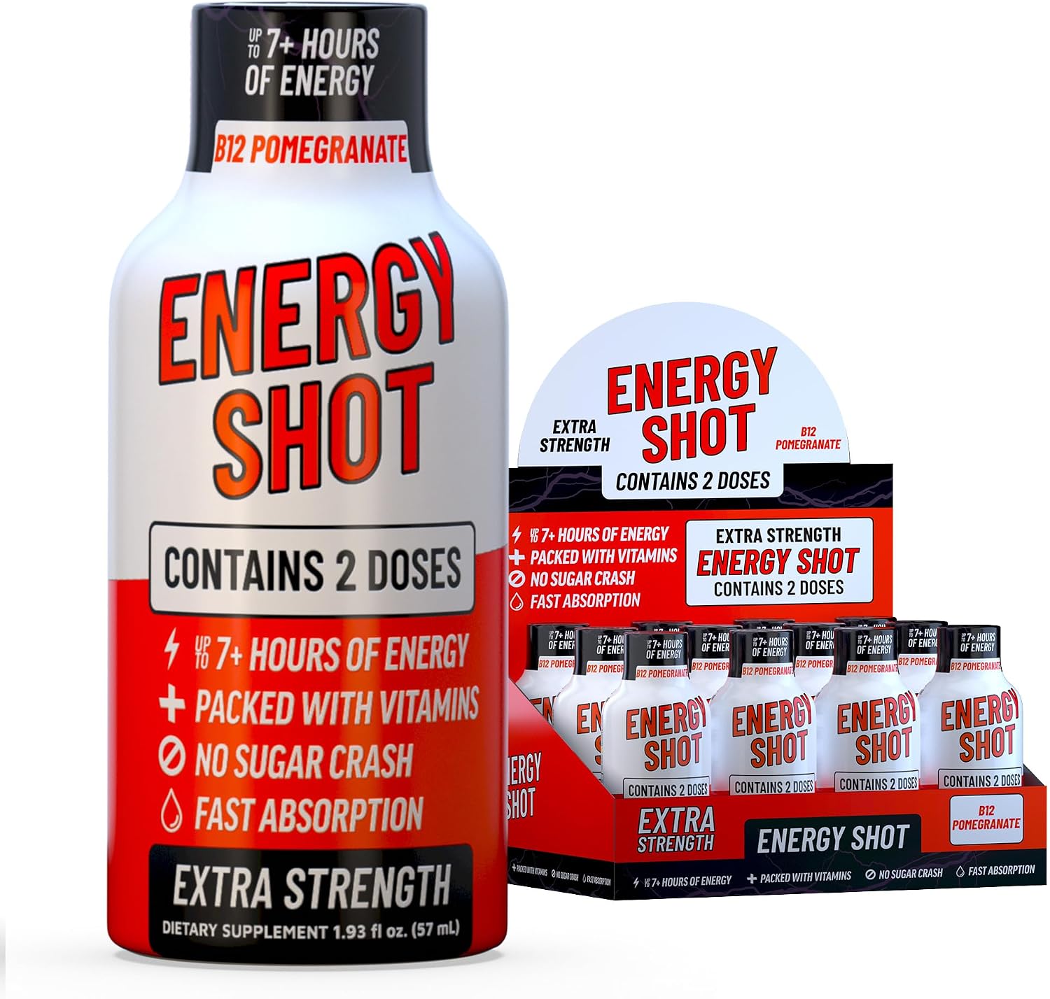 B12 Açaí Pomegranate Extra Strength Energy Shot 12 pk – 260mg Natural Caffeine B12 B6 – Energy & Vitality Support – 2 Servings Sugar Free Zero Calorie Green Tea B-Vitamins Electrolytes Vegan – 1.93 fl oz