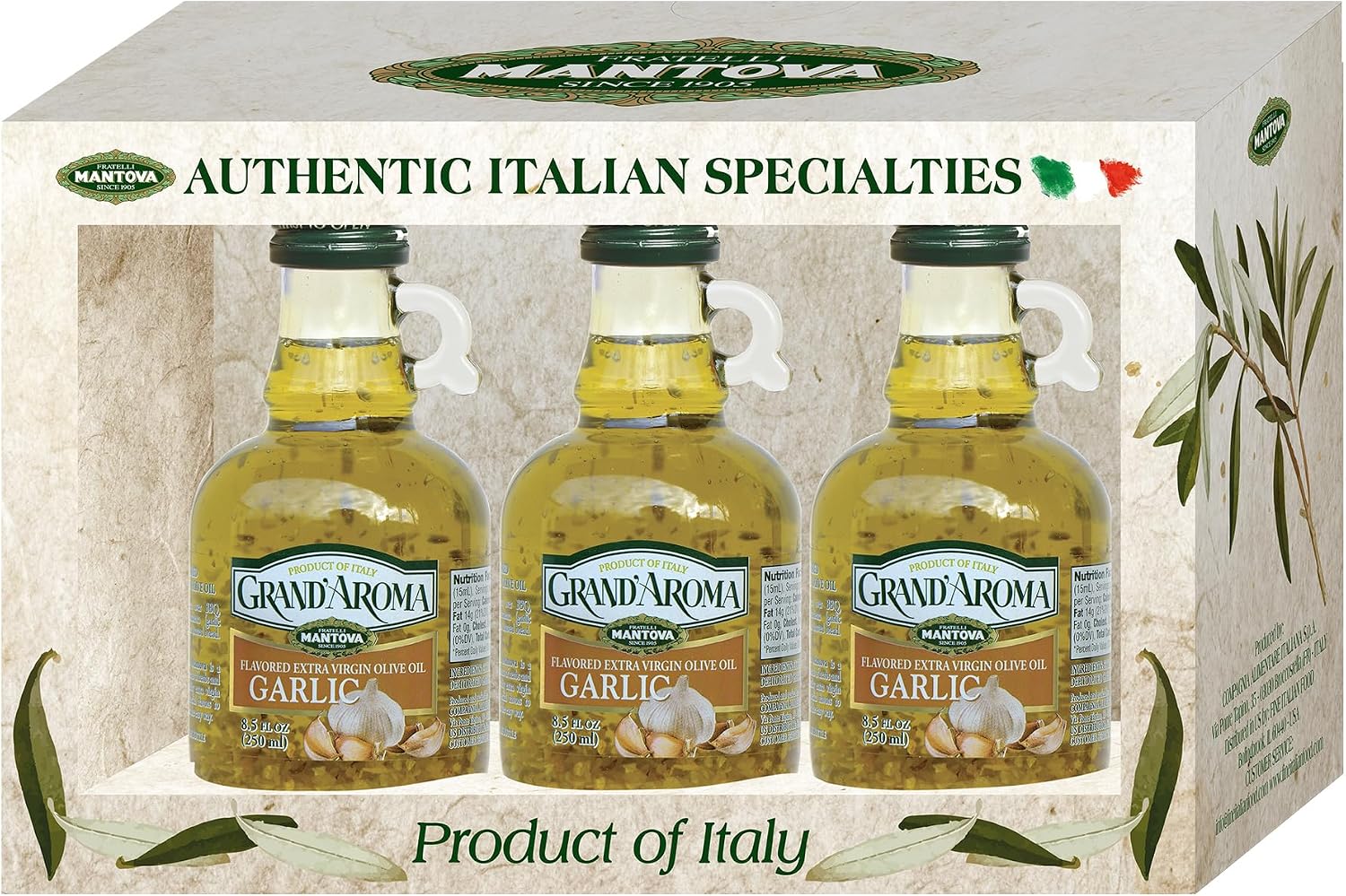 Grand'aroma Garlic Extra Virgin Olive Oil, 8.5-Ounce Bottles (Pack of 3)