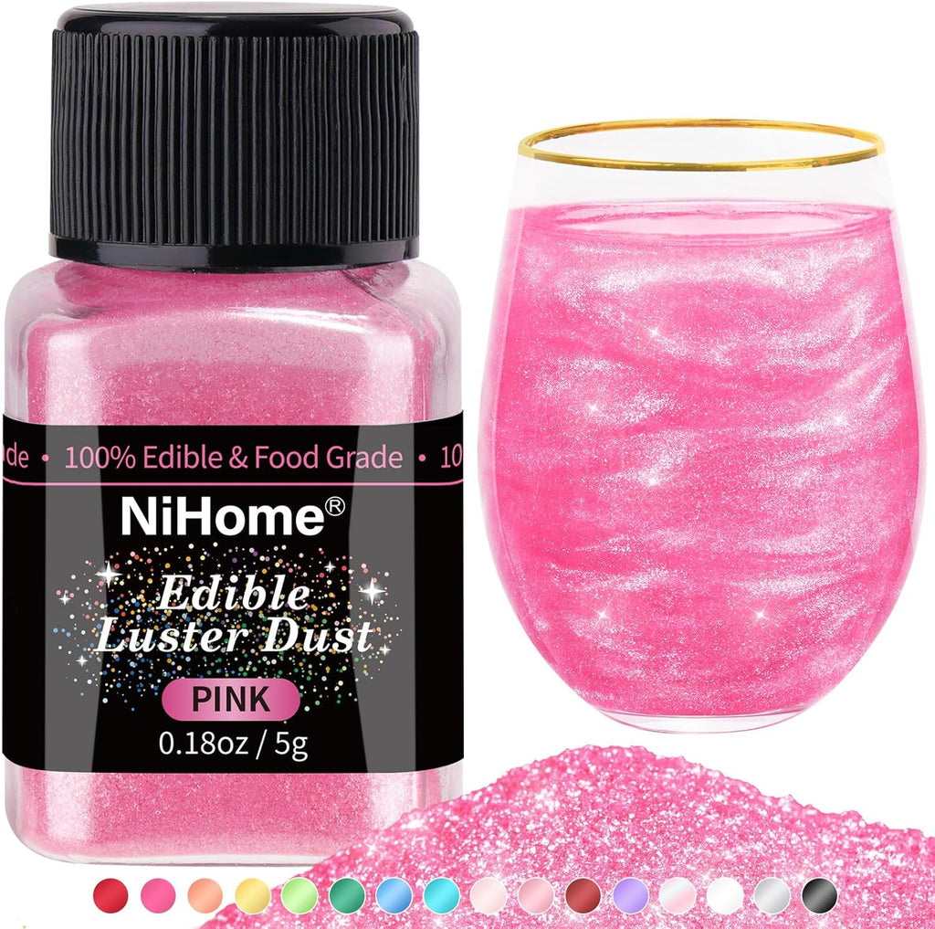 NiHome Edible Food-Grade Glimmer Powder Glitter Luster Dust Metallic Food Decorating Sprinkle Glimmery Dust for Drink Wine Beverage Cake Candy Dessert Bakery Restaurant Vegan (0.18oz/5g, Pink)