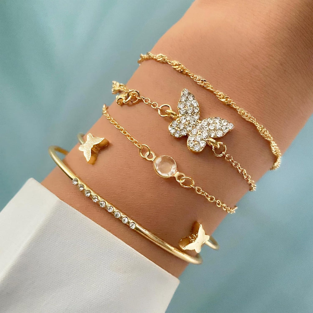 Gold Bracelet Set for Women, 5Pcs Rhinestone Butterfly & Crystal Charm Bracelets with Cuff & Chain Design, Stackable Layered Bracelets, Fashion Jewelry for Party Daily Wear