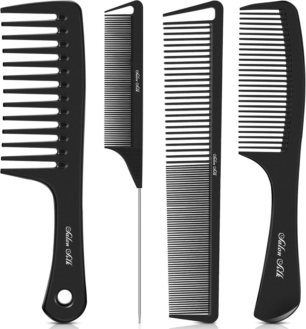 SALONSILK 4PCS Professional Comb Set, Wide Tooth Rat Tail Fine Tooth Hair Combs, Braiding Cutting Barber Styling Curly Parting Set for Men and Women