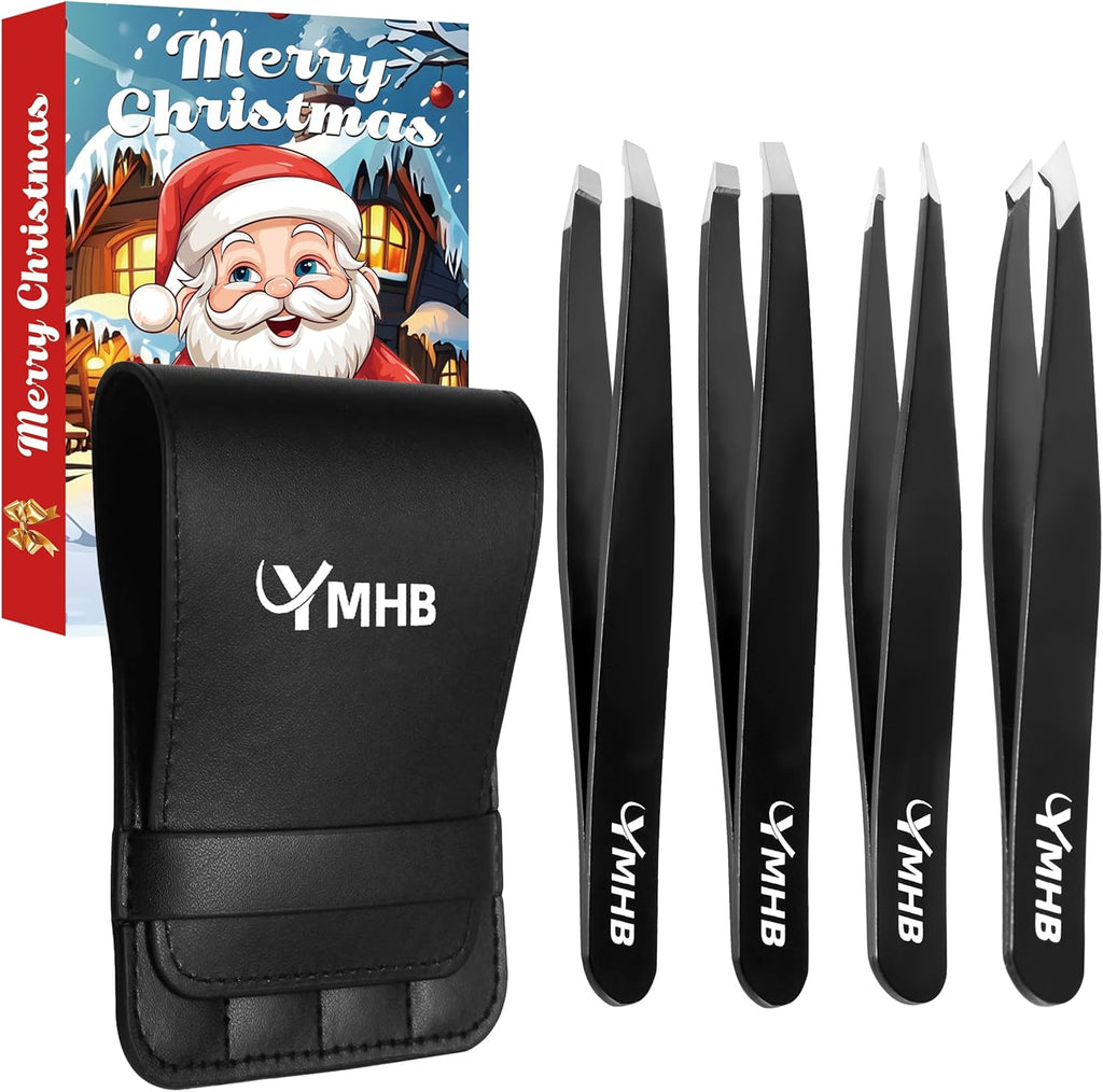 Tweezers Set - 4Pcs Stainless Steel Eyebrow Tweezers, Great Precision for Facial Hair, Splinter and Ingrown Hair Removal Gifts for Women, Christmas Stocking Stuffers Gifts for Adults Men Women