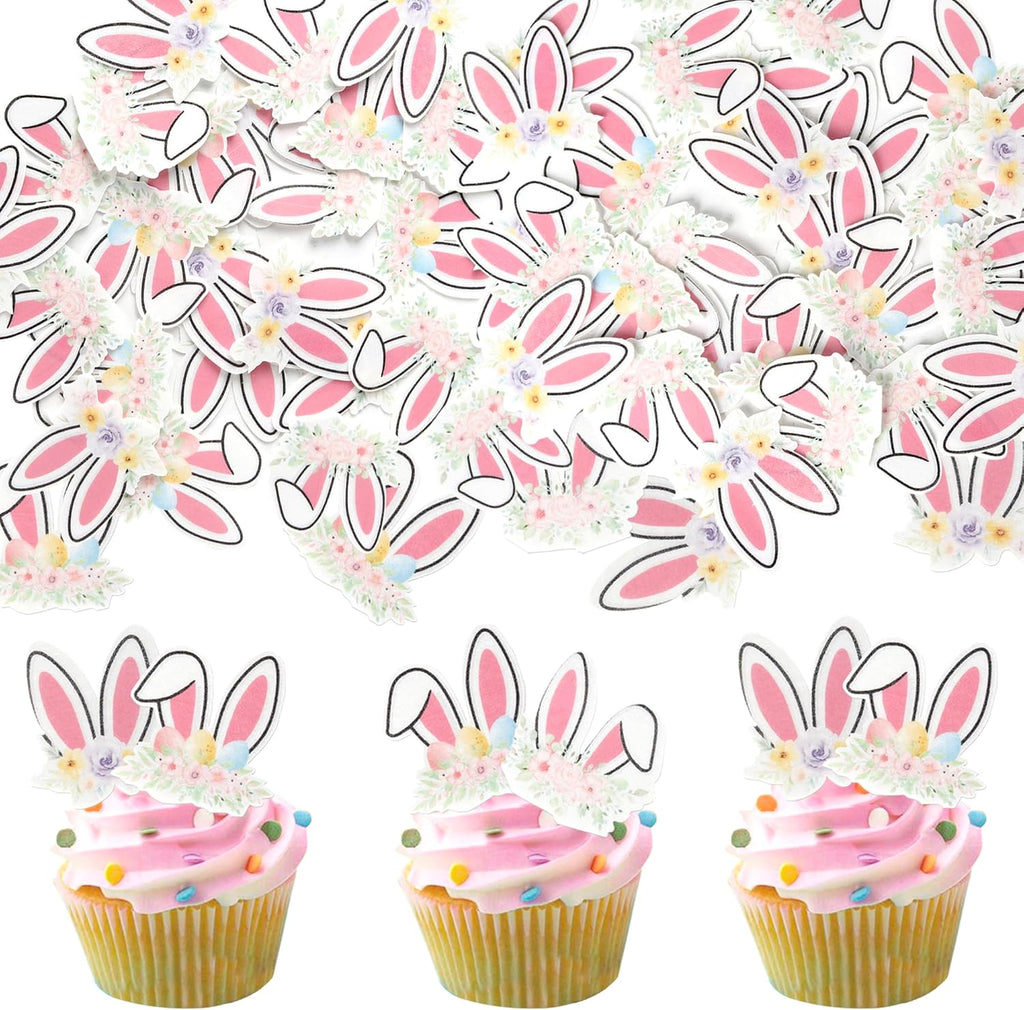 Rsstarxi 48 Pack Edible Bunny Cupcake Toppers Edible Easter Cake Decorations Rabbit Bunny Ears Cupcake Picks for Baby Shower Birthday Easter Party Decorations Supplies