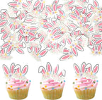 Rsstarxi 48 Pack Edible Bunny Cupcake Toppers Edible Easter Cake Decorations Rabbit Bunny Ears Cupcake Picks for Baby Shower Birthday Easter Party Decorations Supplies