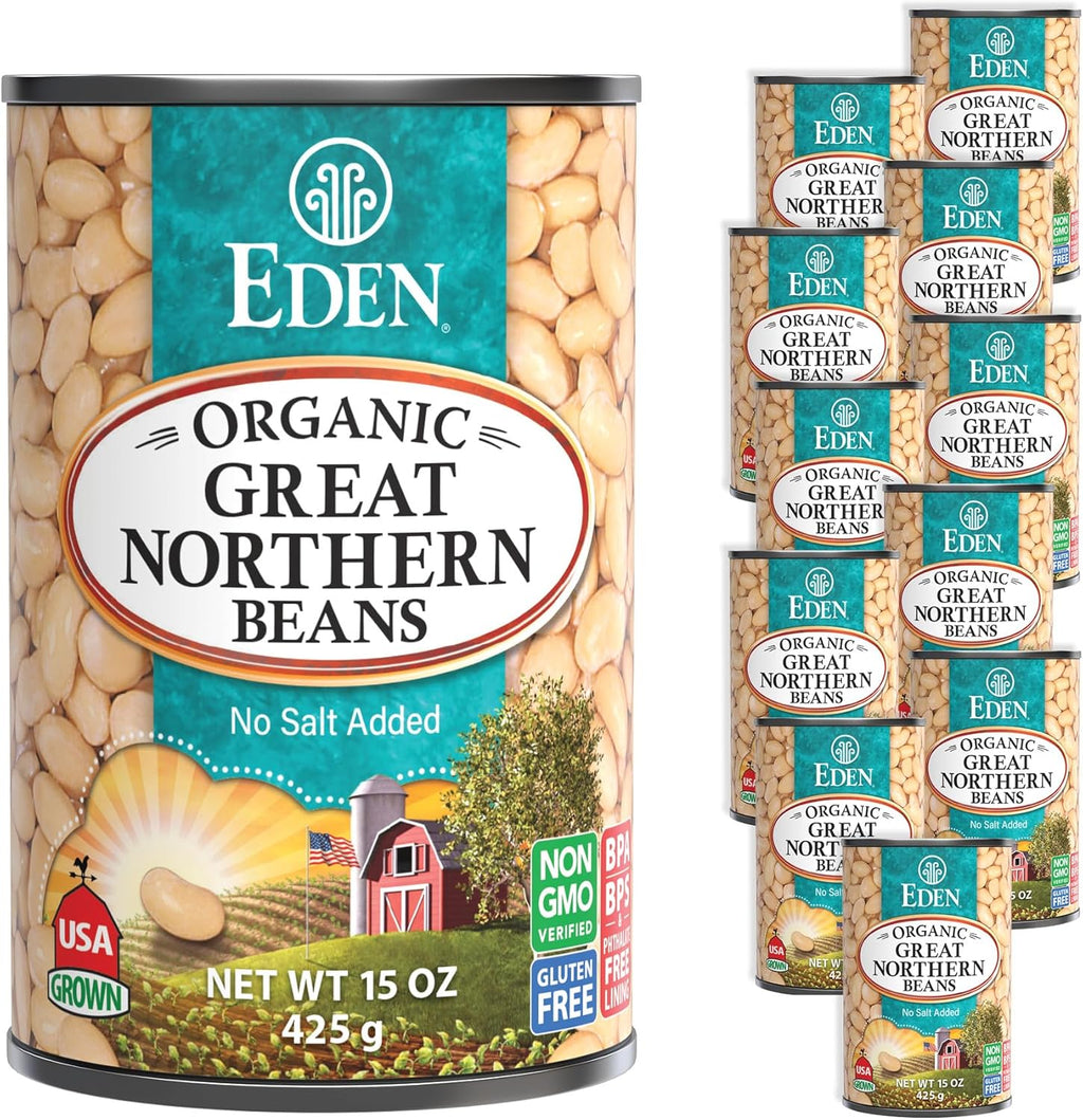 Eden Organic Great Northern Beans, 15 oz Can (12-Pack Case), No Salt Added, Non-GMO, Gluten Free, U.S. Grown, Heat and Serve, Macrobiotic, Similar to Cannellini, Smoother