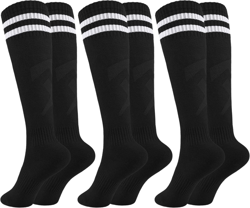 Glooarm 3 Pairs Kids Soccer Socks Baseball Uniform Striped Knee High Socks Cotton World Cup for Boys Girls 3-12 Years Old