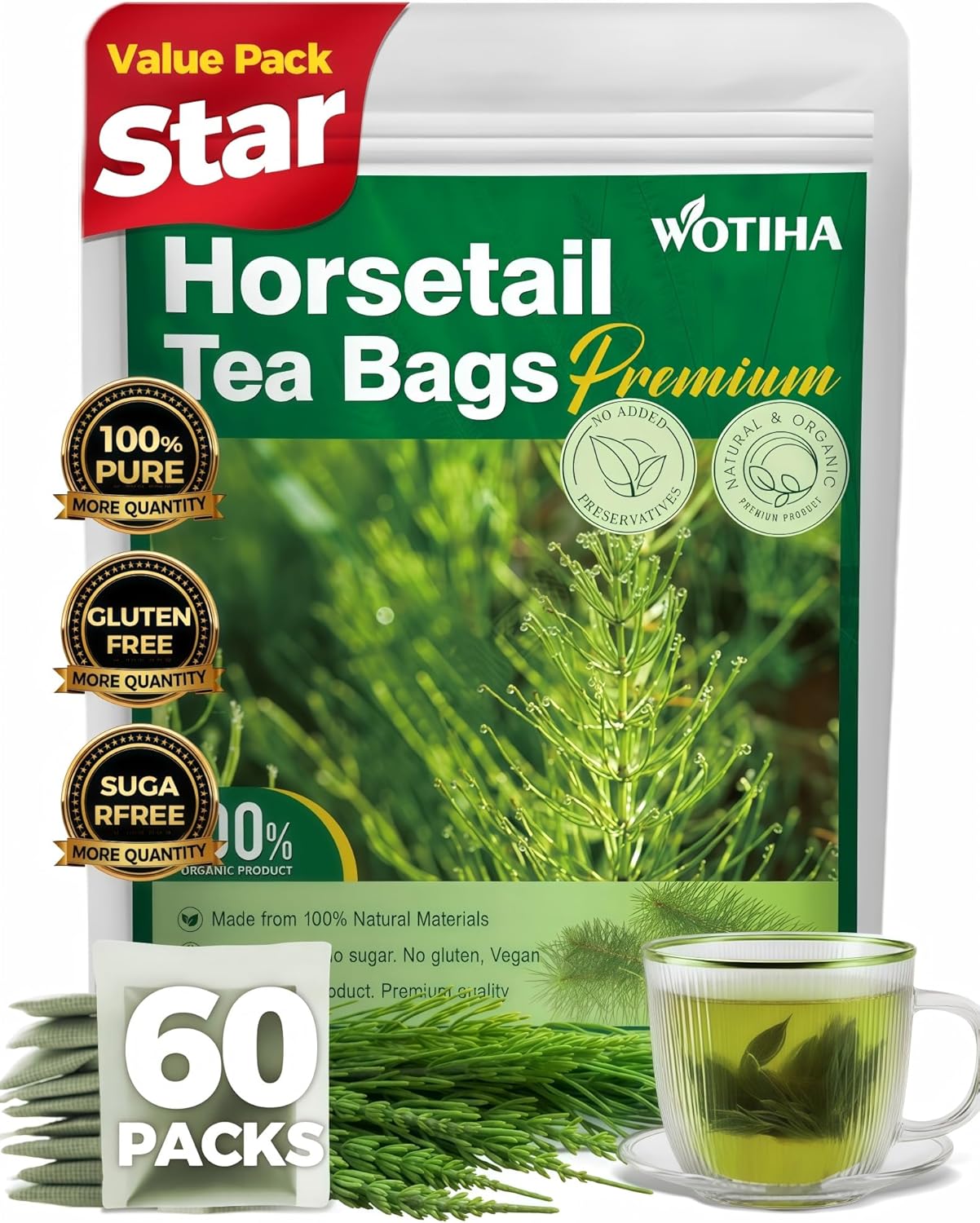 WOTIHA 60 Count Premium Horsetail Tea Bags - 100% Natural Pure Herb, Supports Hair & Nail Health, Caffeine/Additive/Sugar-Free, Non-GMO, Cola De Caballo Hierba
