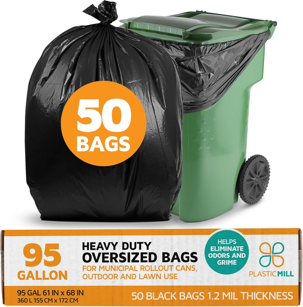 PlasticMill Heavy Duty Trash Bags - Black Garbage Bags - Plastic Trash Bags for Large Rolling Trash Bins - Tall Trash Bags - 95-Gallon Large Kitchen Trash Bags, 1.2 Mil, 61"x68" (50-Count)