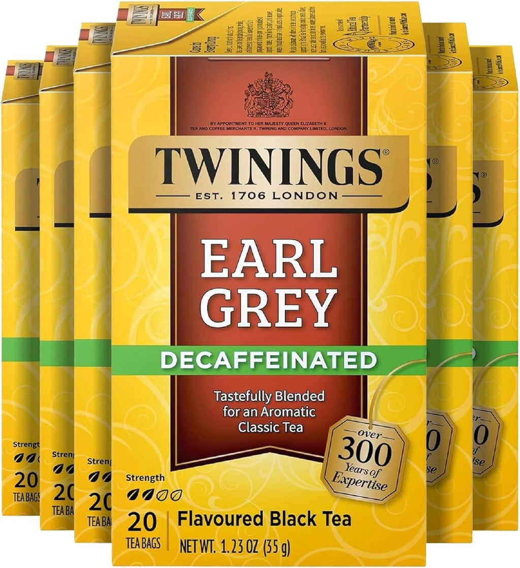 Twinings Decaffeinated Earl Grey Black Tea Individually Wrapped Bags, 20 Count (Pack of 6), Flavoured with Citrus and Bergamot, Enjoy Hot or Iced, 120 Teabags