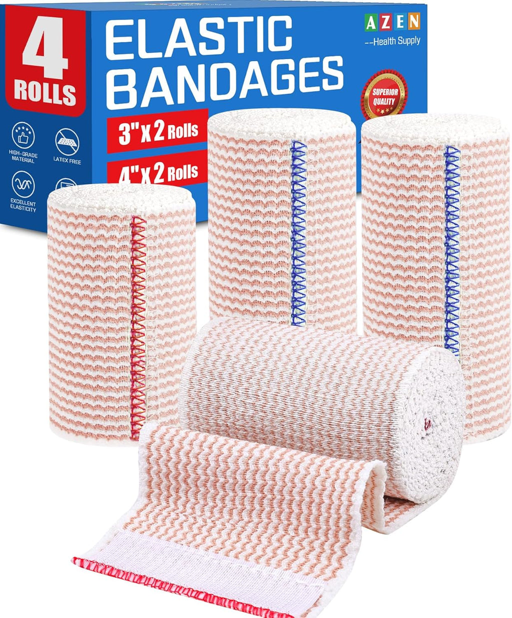 AZEN Premium 4 Pack Elastic Bandage Wrap (2x3, 2x4), Compression Wrap Bandage for Legs, Ankle, Knee, Tummy, Body, Lymphedema Wraps for Legs, Latex-Free