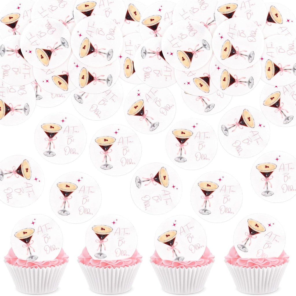 56 Pcs A Tini Bit Older Drink Toppers, Edible Cocktail Toppers, Rice Paper Cupcake Topper, Cake Topper for Birthday Party Decor (A Tini Bit Older Pink Bow)