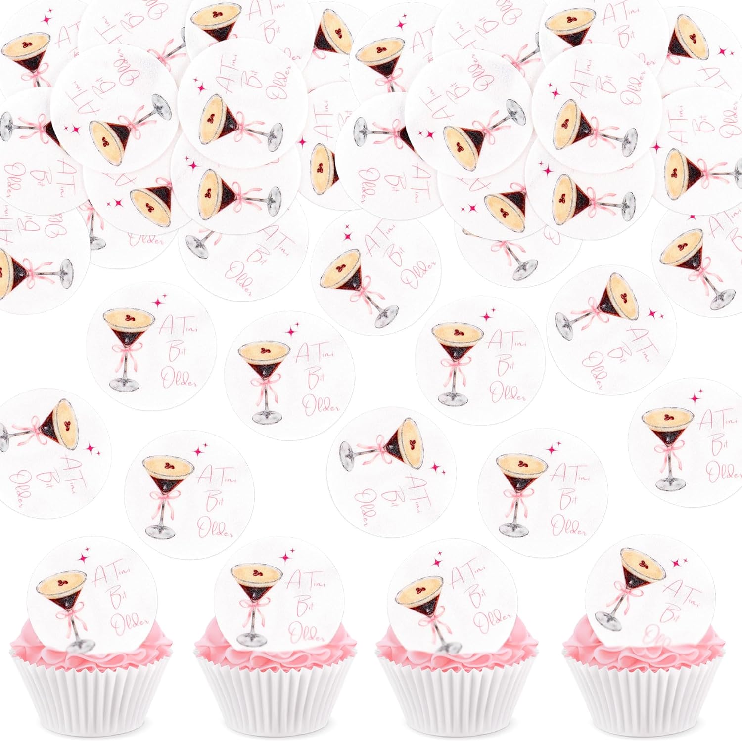 56 Pcs A Tini Bit Older Drink Toppers, Edible Cocktail Toppers, Rice Paper Cupcake Topper, Cake Topper for Birthday Party Decor (A Tini Bit Older Pink Bow)