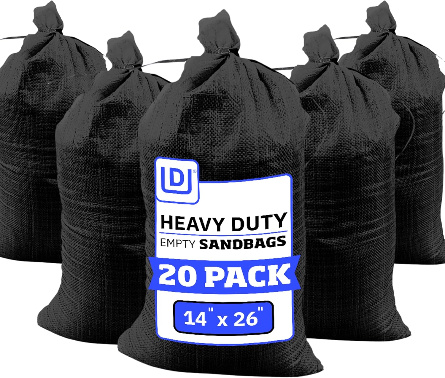 DURASACK Heavy Duty Sand Bags with Tie Strings Empty Woven Polypropylene Sand-Bags for Flood Control with 1600 Hours of UV Protection, 50 lbs Capacity, 14x26 inches, Black, Pack of 20