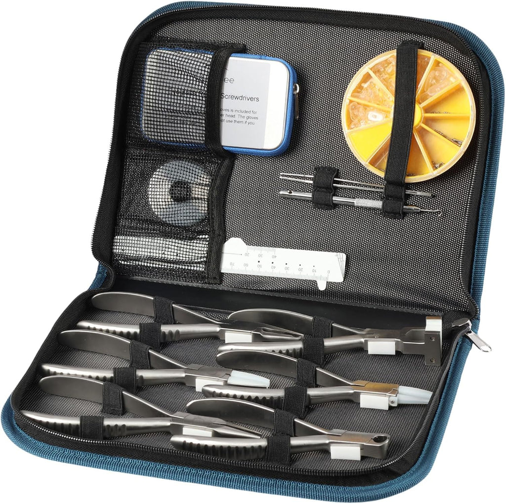 Eyeglasses Repair Tool Kit with 6 Pliers, 10 Screwdrivers, and Repair Accessories Including 50 pcs Nose Pads and 100 pcs Eyeglass Screws