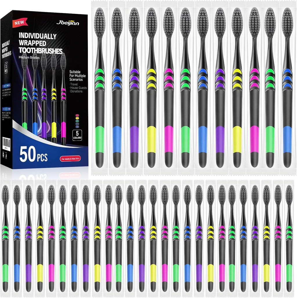50 PCS Premium Individually Wrapped Bulk Toothbrush Pack, Disposable Toothbrushes, Kids Toothbrush, Medium Soft Bristle Toothbrushes, Ergonomics Handle, Perfect for Travel Hotel Donation