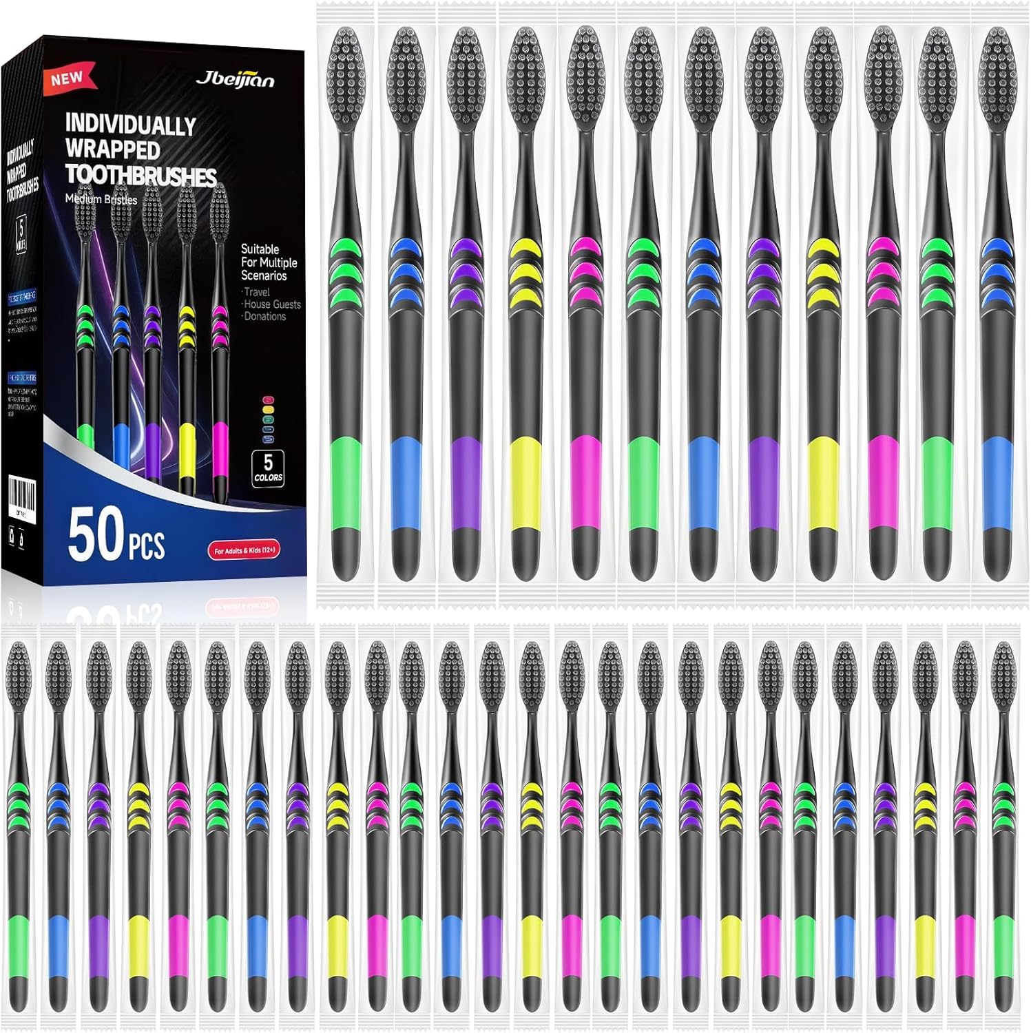 50 PCS Premium Individually Wrapped Bulk Toothbrush Pack, Disposable Toothbrushes, Kids Toothbrush, Medium Soft Bristle Toothbrushes, Ergonomics Handle, Perfect for Travel Hotel Donation