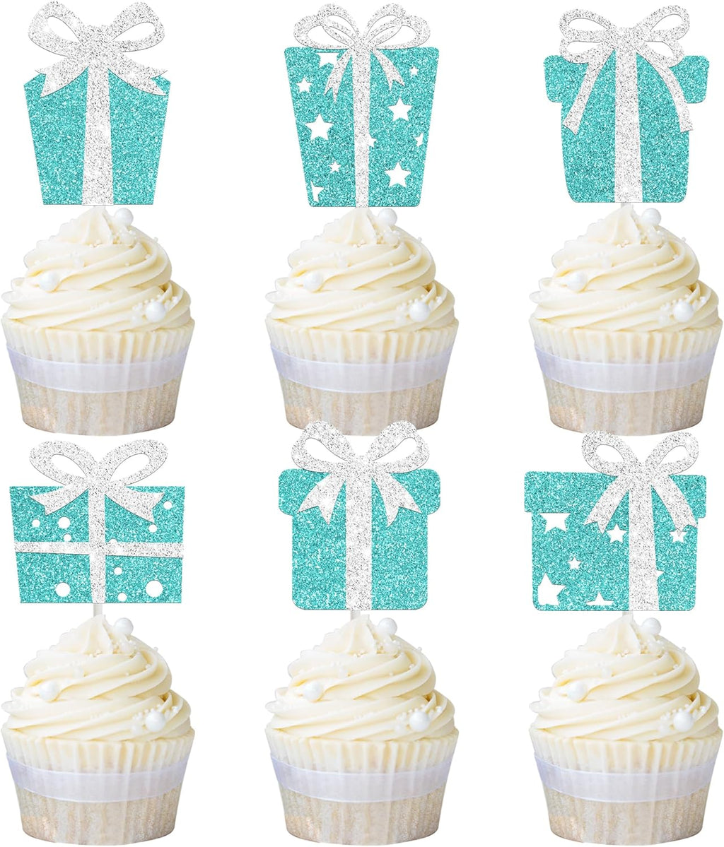 Teal Blue Gift Box Cupcake Toppers Glitter Birthday Party Decorations 24PCS Gift Boxes Bow Baby Bride Shower Cupcake Picks for Princess Theme Baby Shower Bridal Shower Supplies