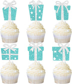 Teal Blue Gift Box Cupcake Toppers Glitter Birthday Party Decorations 24PCS Gift Boxes Bow Baby Bride Shower Cupcake Picks for Princess Theme Baby Shower Bridal Shower Supplies