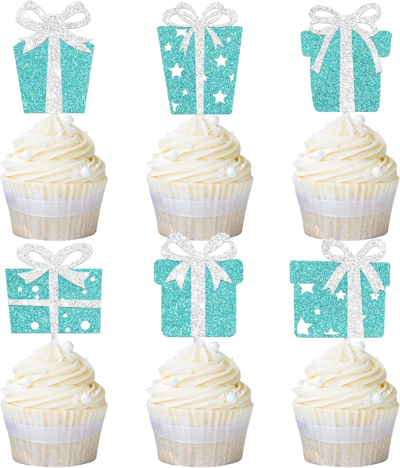 Teal Blue Gift Box Cupcake Toppers Glitter Birthday Party Decorations 24PCS Gift Boxes Bow Baby Bride Shower Cupcake Picks for Princess Theme Baby Shower Bridal Shower Supplies
