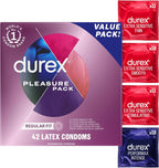 Durex Pleasure Pack Assorted Thin Condoms, Exciting Mix of Sensation and Stimulation, Lubricated Natural Rubber Latex Condoms for Men, 42 Count